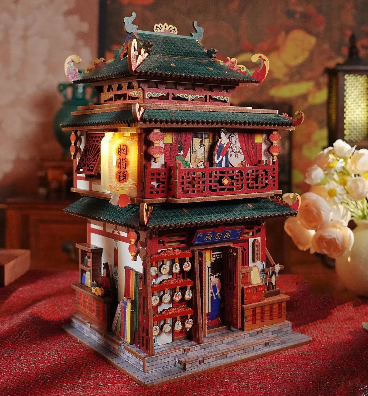 DIY Wooden Book Nook Shelf Insert Kits Miniature Cherry Blossom Bookends Japanese Doll Houses Toys Bookshelf Gifts Home Decor