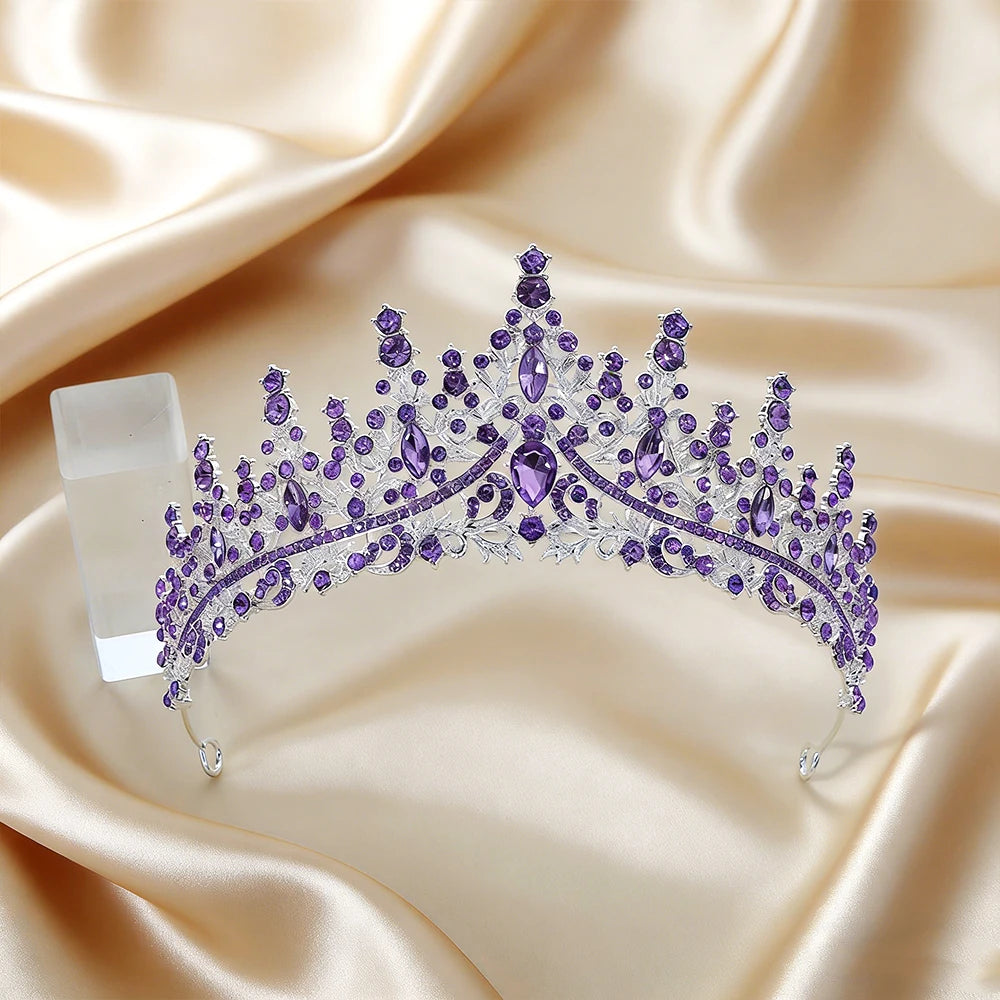 2Pcs Luxury Purple Amethyst Baroque Crown Set Tiara Gold Full Round Crown Clear Rhinestones Regal Bridal Headwear Weddings Proms