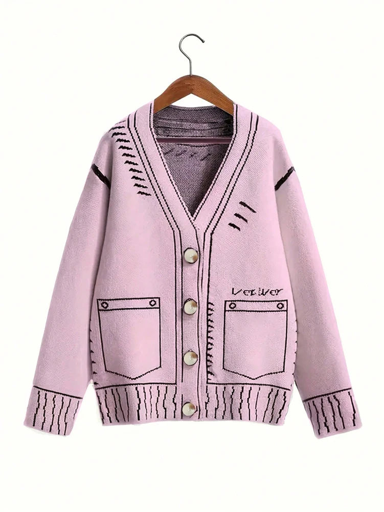 plus Size Women's Button-Up Cardigan Autumn Winter Fine Line Pattern Knit Coat Stylish Outerwear for Fall 2025