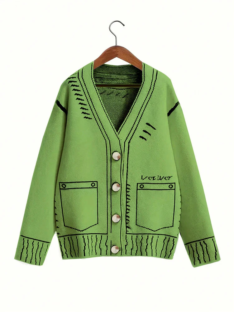 plus Size Women's Button-Up Cardigan Autumn Winter Fine Line Pattern Knit Coat Stylish Outerwear for Fall 2025