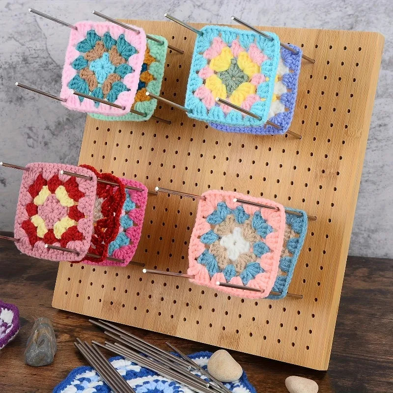 Wooden Crochet Shaping Board, Square Threading Board with Fixed Rod and Needle Pad, Precise Positioning of Yarn