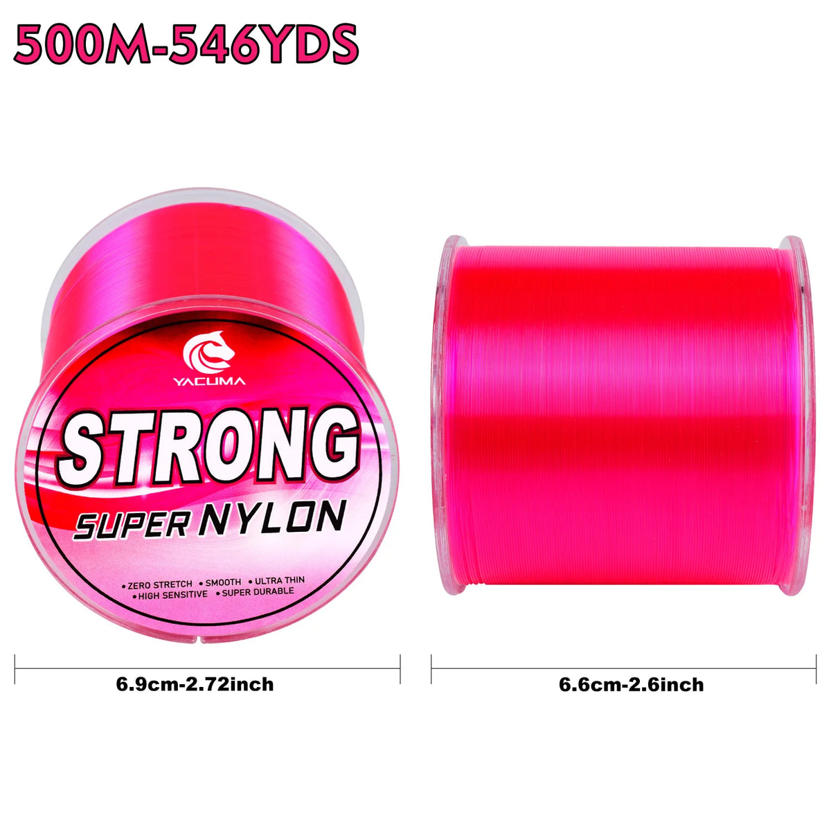 YACUMA 500M-546YDS Strong Pink Nylon Monofilament Fishing Line 5-42LB Strength