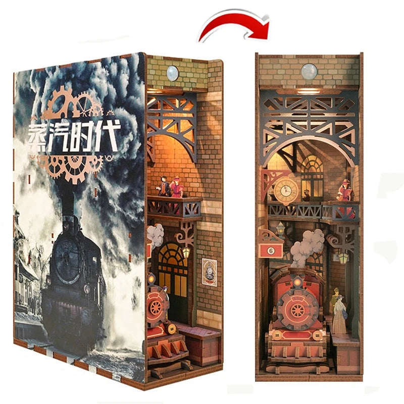 DIY Wooden Book Nook Shelf Insert Kits Miniature Cherry Blossom Bookends Japanese Doll Houses Toys Bookshelf Gifts Home Decor