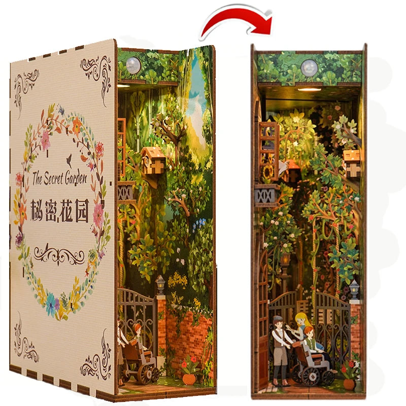 DIY Wooden Book Nook Shelf Insert Kits Miniature Cherry Blossom Bookends Japanese Doll Houses Toys Bookshelf Gifts Home Decor