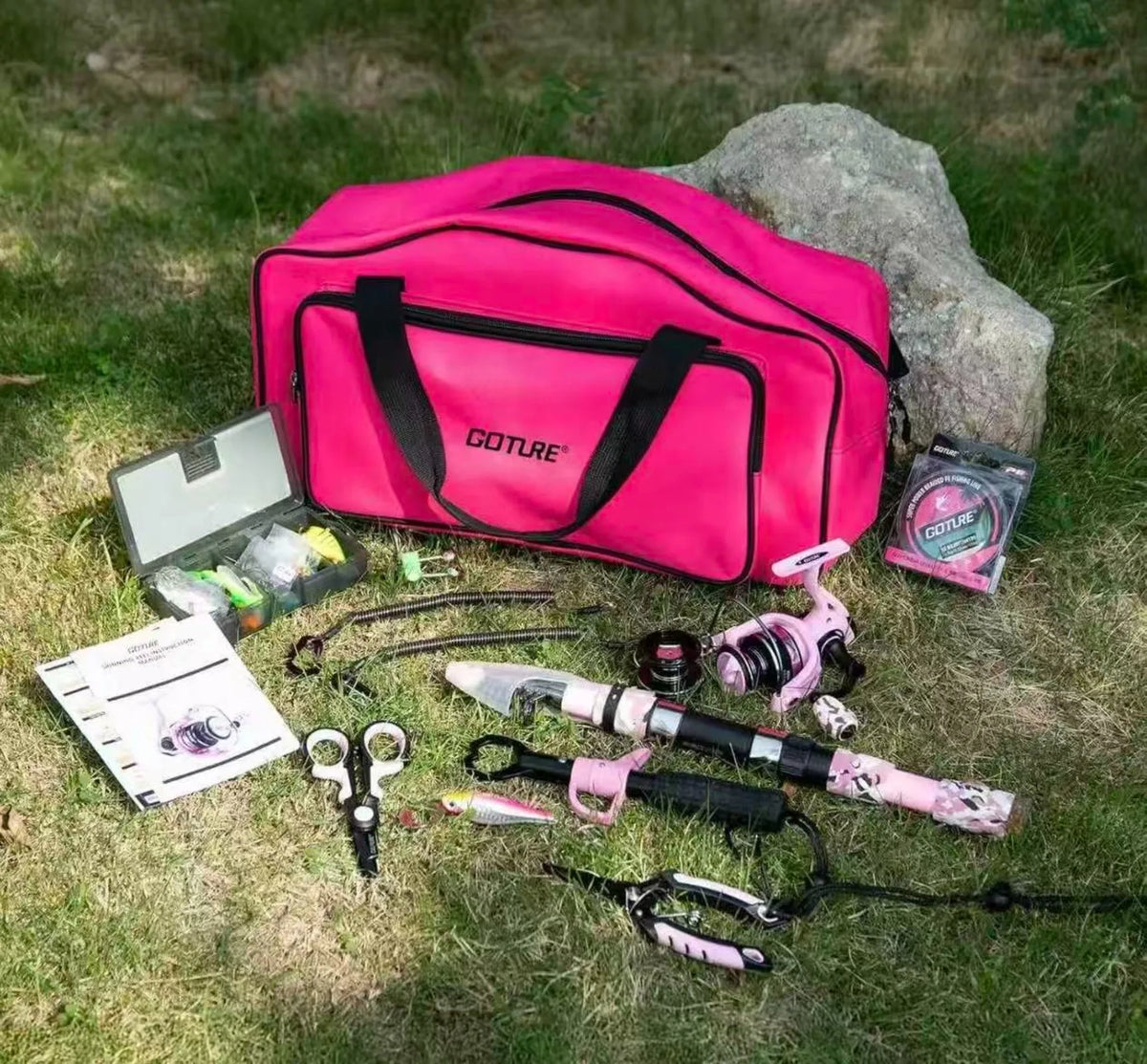 Pink Fishing Rod and Reel Combo, All-in-One Fishing Kit