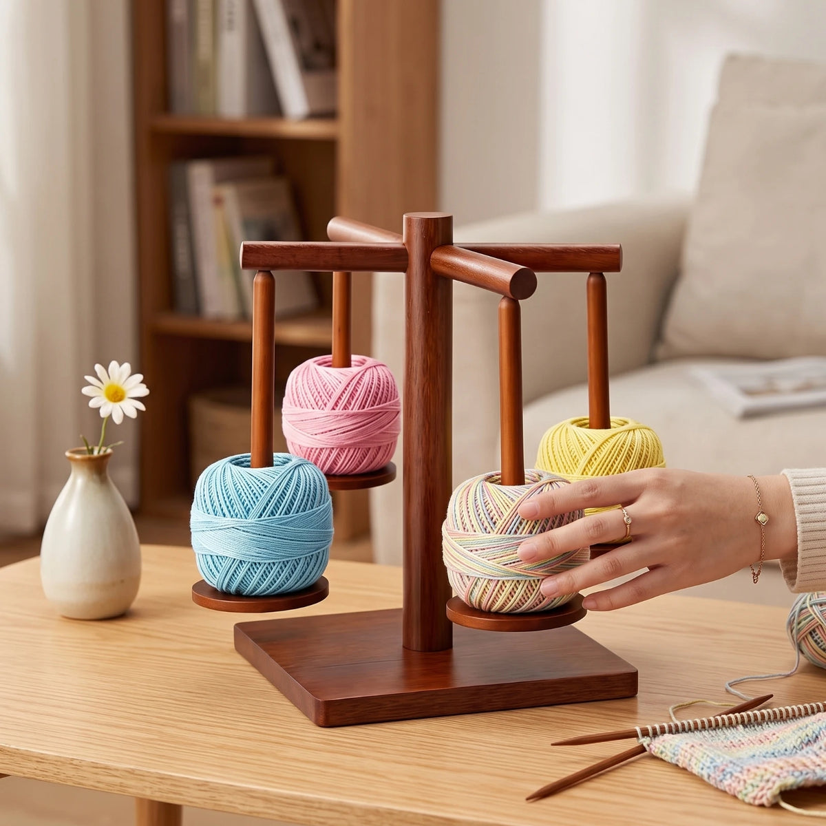Wooden Yarn Holder with Rotating Arms Tangletangle-Resistant Yarn Holder with Spindles Organizer Independent Craft Tool Tabletop