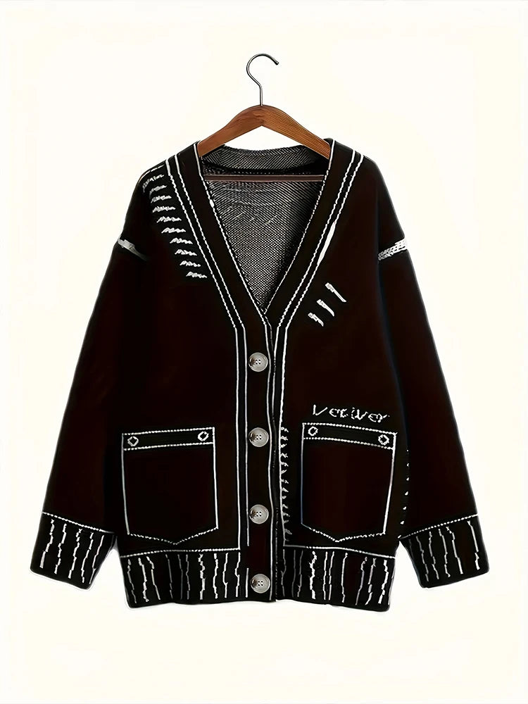 plus Size Women's Button-Up Cardigan Autumn Winter Fine Line Pattern Knit Coat Stylish Outerwear for Fall 2025