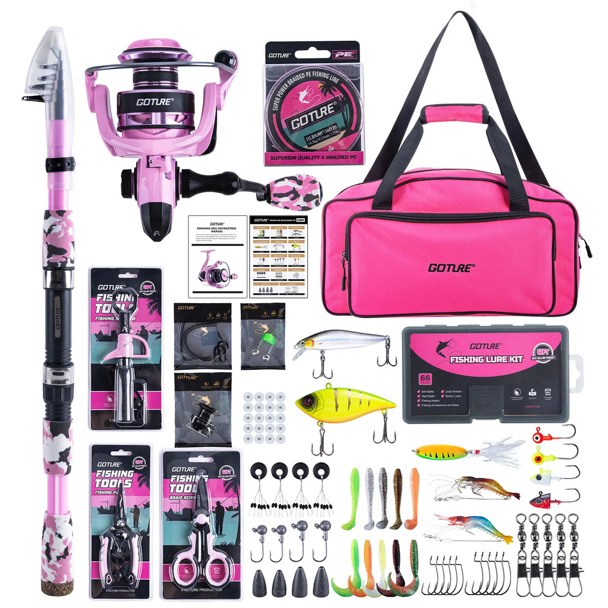 Pink Fishing Rod and Reel Combo, All-in-One Fishing Kit