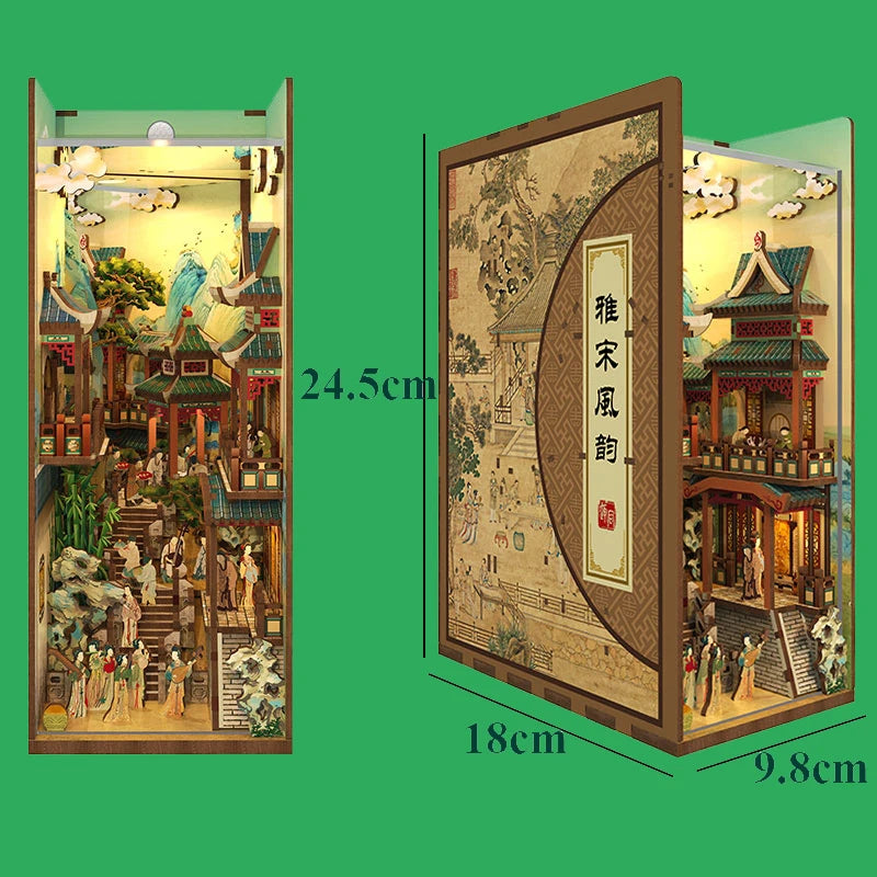 DIY Wooden Book Nook Shelf Insert Kits Miniature Cherry Blossom Bookends Japanese Doll Houses Toys Bookshelf Gifts Home Decor