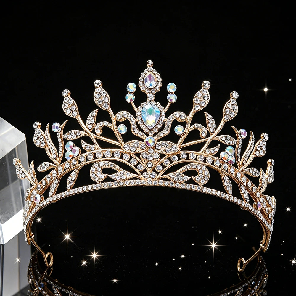 Fashion Baroque Bridal Tiara Sparkling Rhinestone Floral Queen Crown Elegant Regal Headpiece for Wedding Pageant Birthday Party