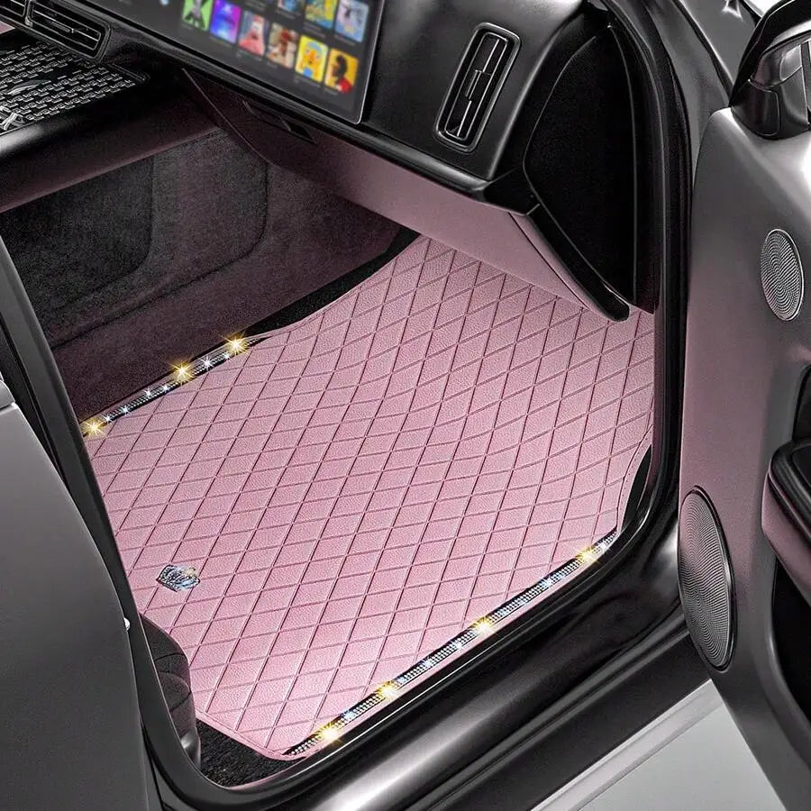 Bling Car Floor Mats, PVC Leather Anti-Slip Automative Floor Mats With Shining Diamond Rhinestone Crown, Sparkly Glitter Crystal Carpet, Universal Fit Automotive SUV, Sedan, Van, 4pcs For Woman, Car Stuff For Woman, Pink Car Stuff