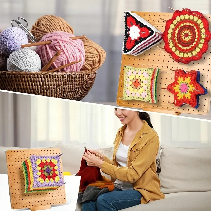 Wooden Crochet Shaping Board, Square Threading Board with Fixed Rod and Needle Pad, Precise Positioning of Yarn