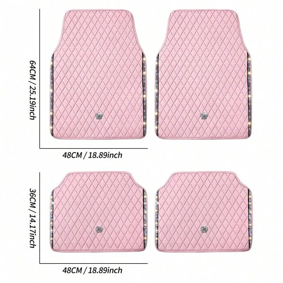 Bling Car Floor Mats, PVC Leather Anti-Slip Automative Floor Mats With Shining Diamond Rhinestone Crown, Sparkly Glitter Crystal Carpet, Universal Fit Automotive SUV, Sedan, Van, 4pcs For Woman, Car Stuff For Woman, Pink Car Stuff