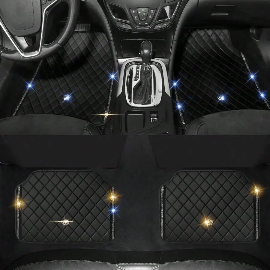 Bling Car Floor Mats, PVC Leather Anti-Slip Automative Floor Mats With Shining Diamond Rhinestone Crown, Sparkly Glitter Crystal Carpet, Universal Fit Automotive SUV, Sedan, Van, 4pcs For Woman, Car Stuff For Woman, Pink Car Stuff