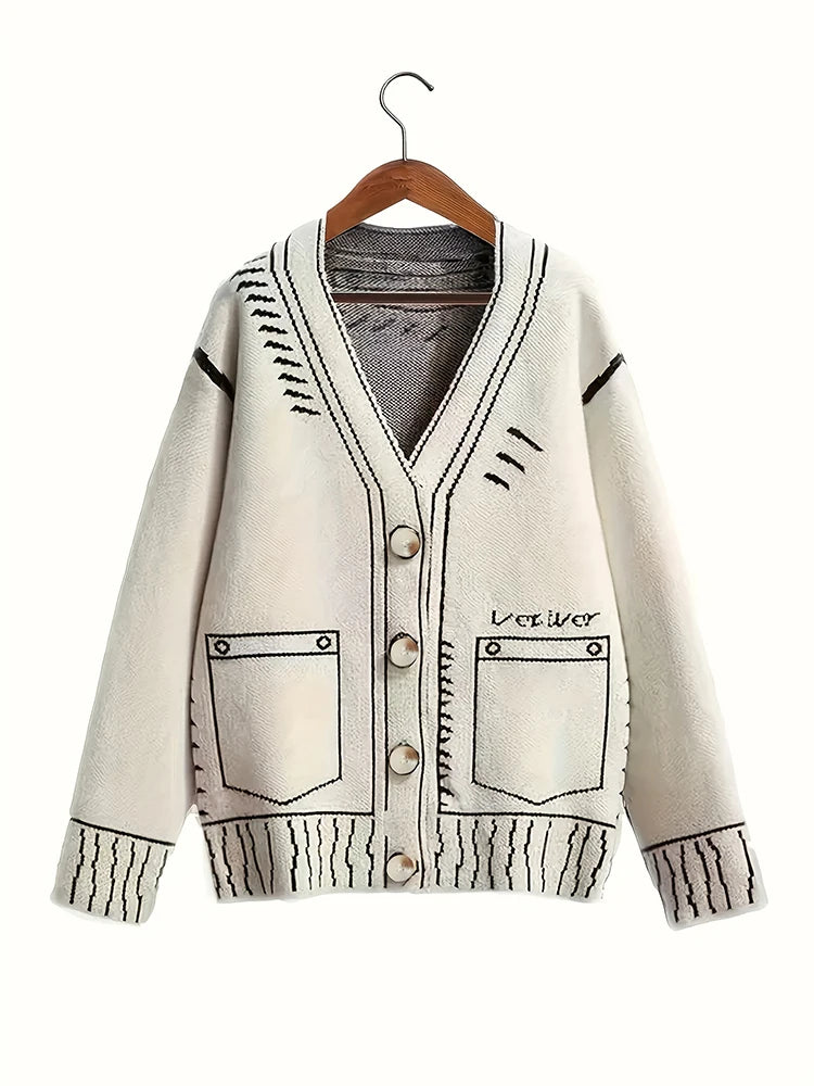 plus Size Women's Button-Up Cardigan Autumn Winter Fine Line Pattern Knit Coat Stylish Outerwear for Fall 2025