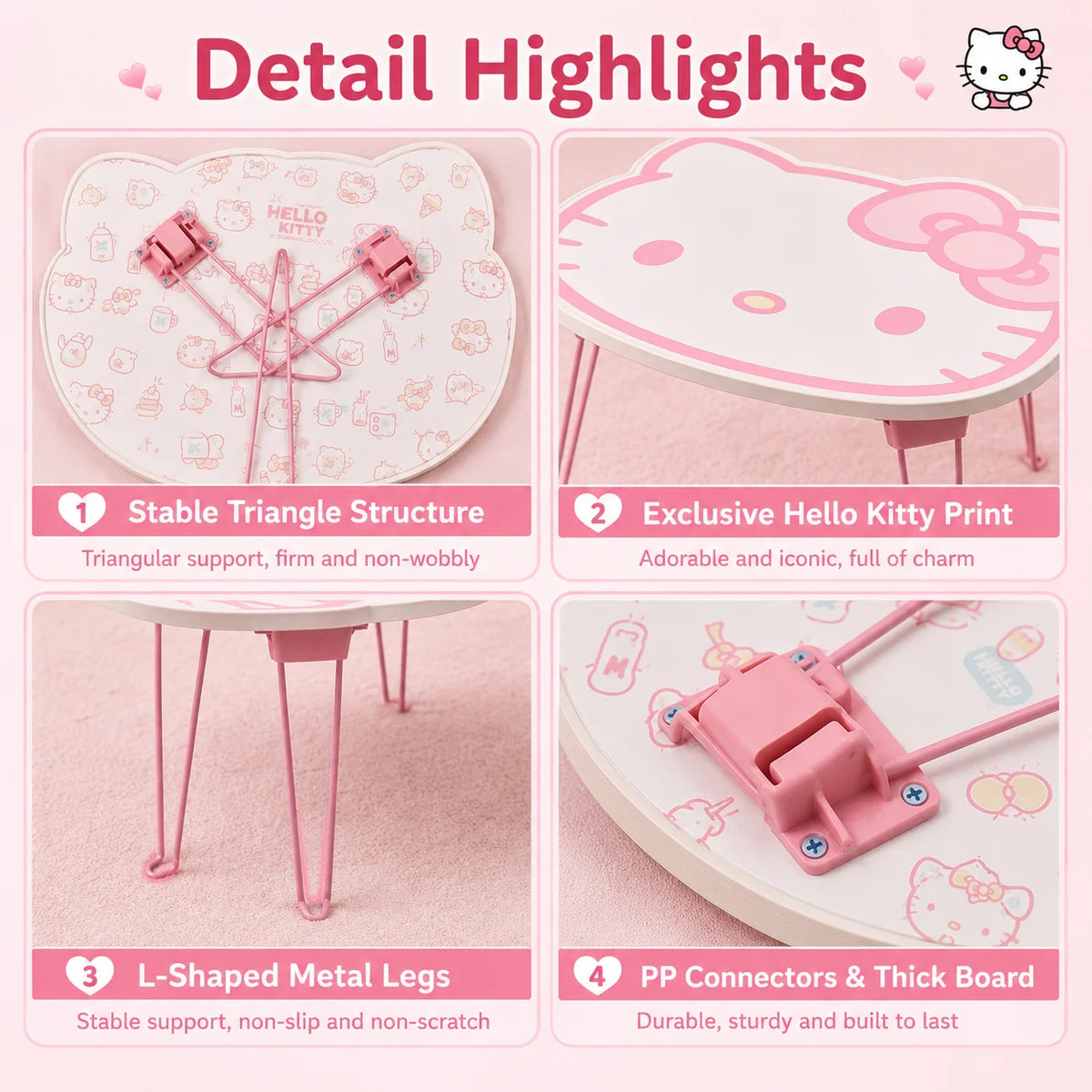 Sanrio Pink Hello Kitty Foldable Table Portable Outdoor Picnic Table Dorm Desk Bedroom Lap Table Car Travel Window Sill Table