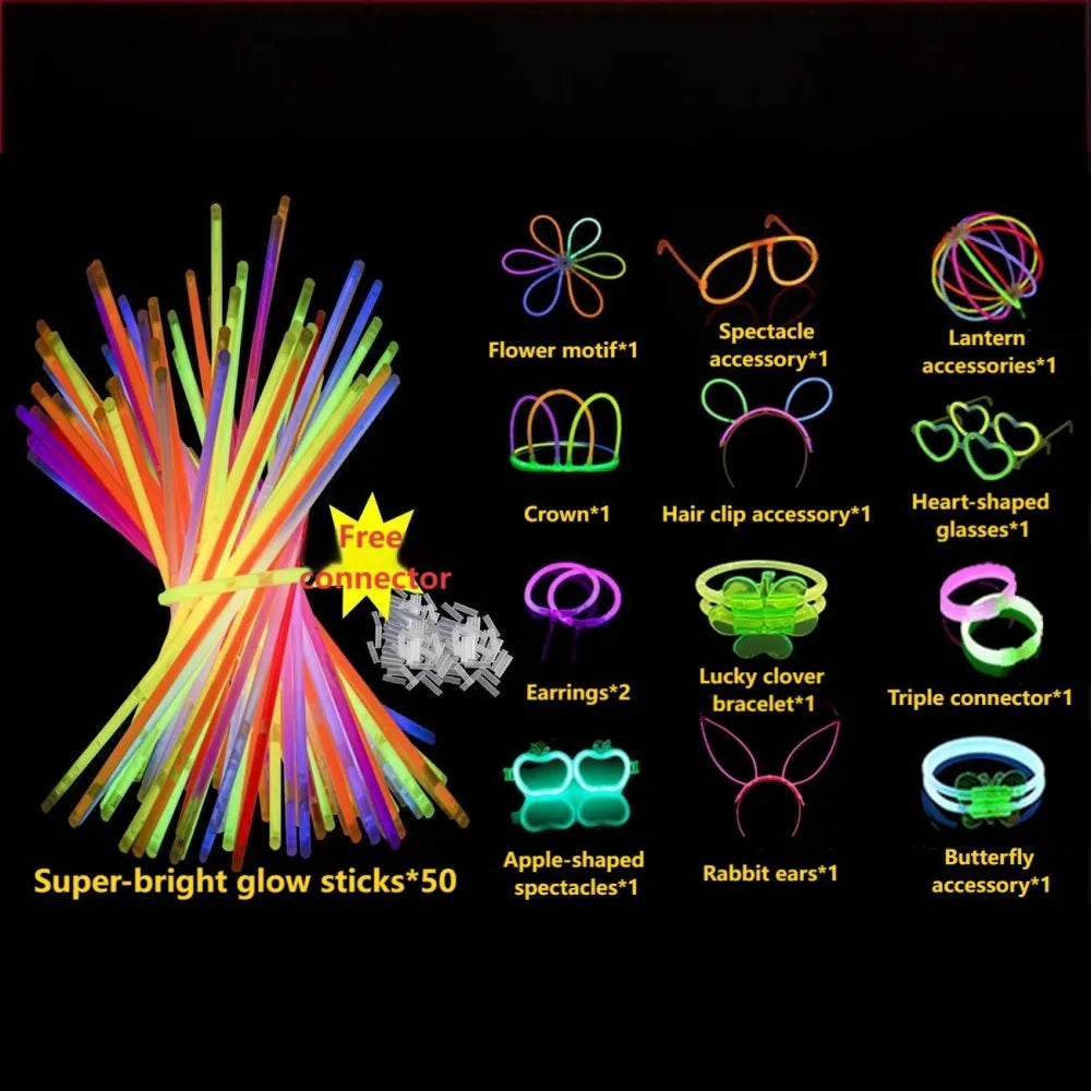 50/100PCS Glow Stick Set with 17 Accessories