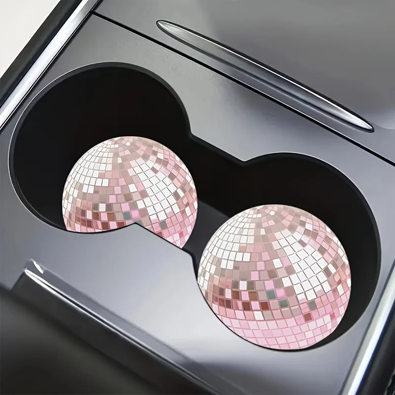 Set Of 2 Pink Disco Ball Coasters With A Simulated Design, Perfect For Car Cup Holders. An Original And Imaginative Present For