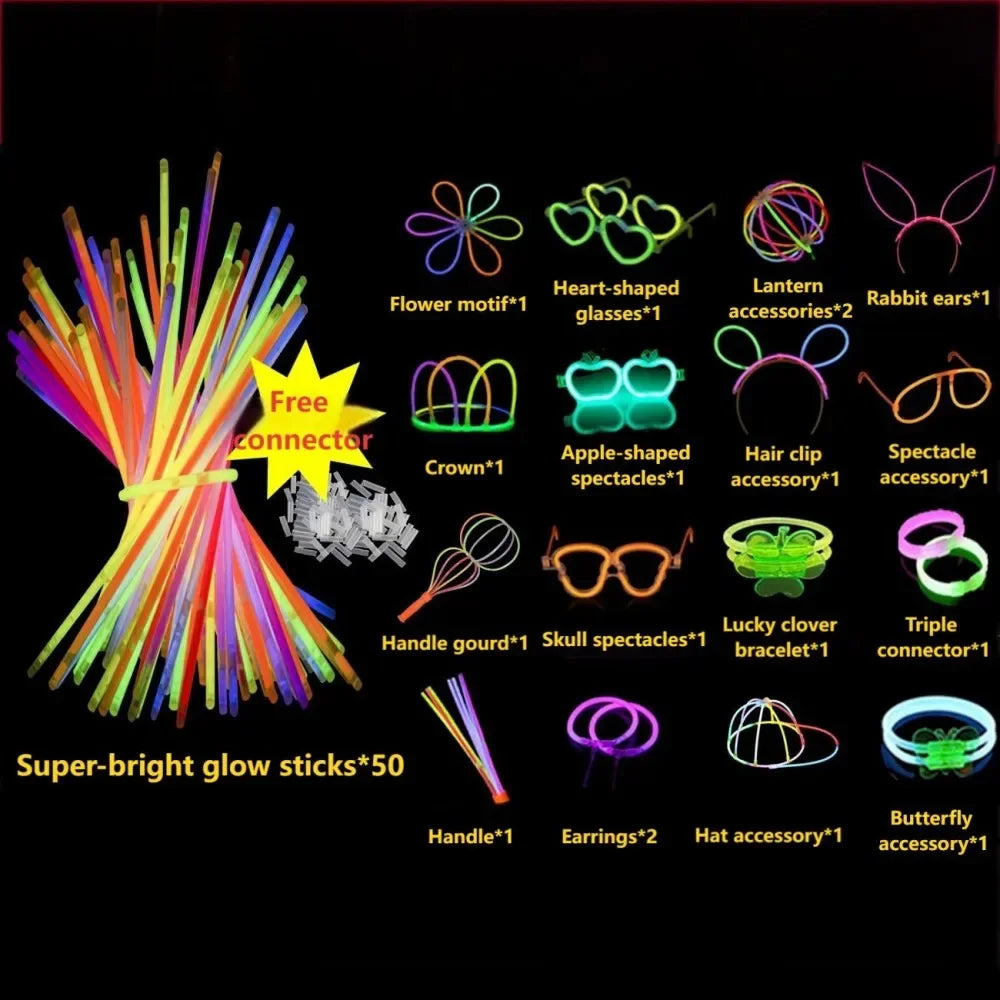 50/100PCS Glow Stick Set with 17 Accessories