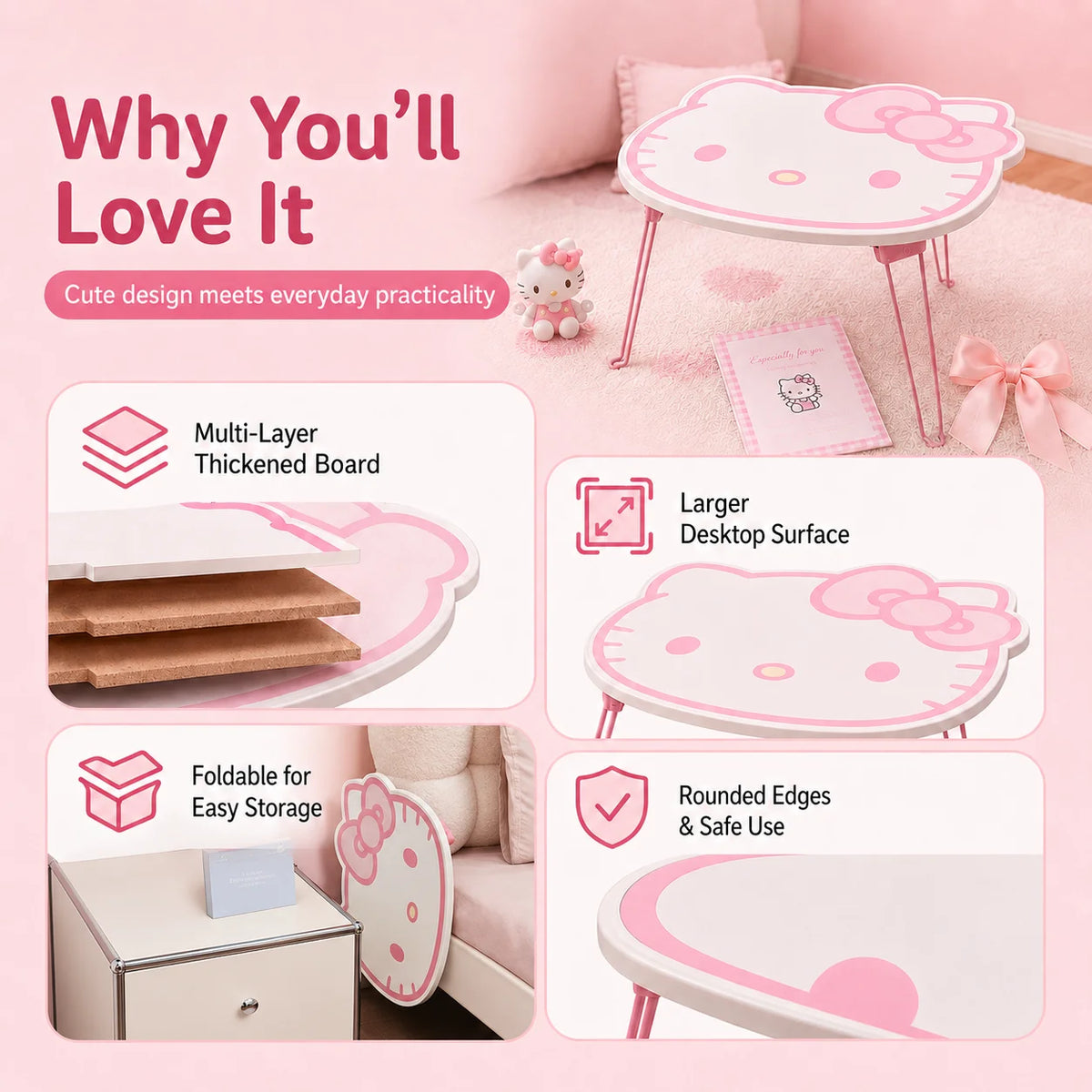 Sanrio Pink Hello Kitty Foldable Table Portable Outdoor Picnic Table Dorm Desk Bedroom Lap Table Car Travel Window Sill Table