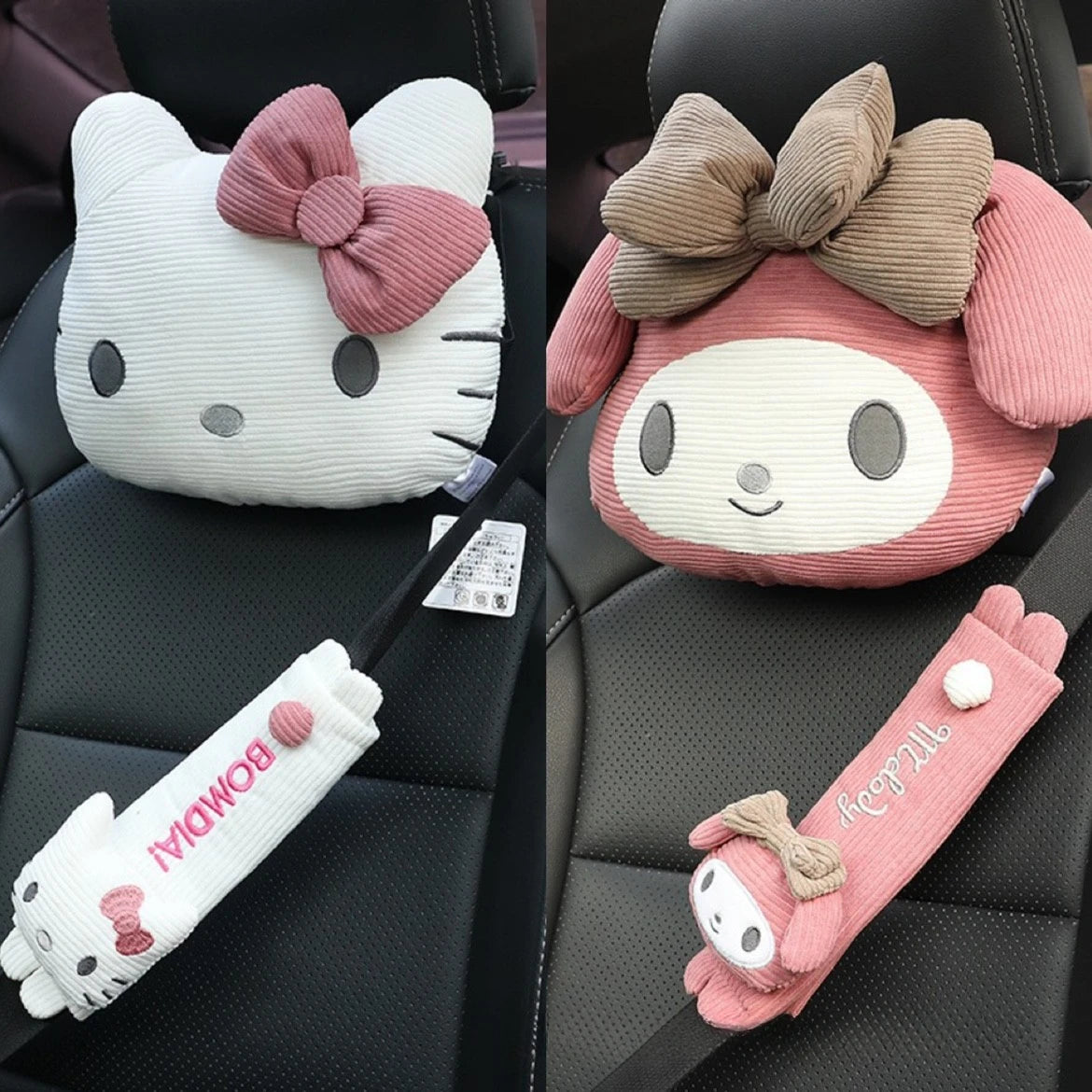 Hello Kitty Car Headrest Pillow Winter Warm Plush Doll Neck & Lumbar Support Cushion Adjustable Car Seat Pillow Seat Belt Cover
