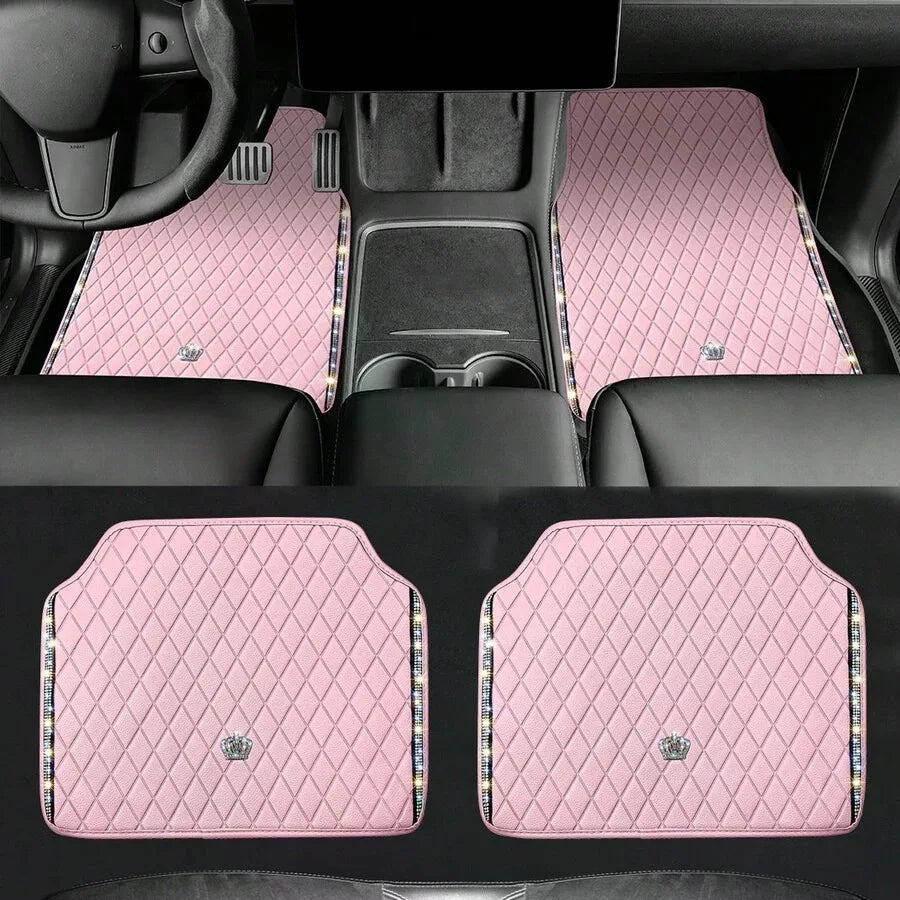 Bling Car Floor Mats, PVC Leather Anti-Slip Automative Floor Mats With Shining Diamond Rhinestone Crown, Sparkly Glitter Crystal Carpet, Universal Fit Automotive SUV, Sedan, Van, 4pcs For Woman, Car Stuff For Woman, Pink Car Stuff