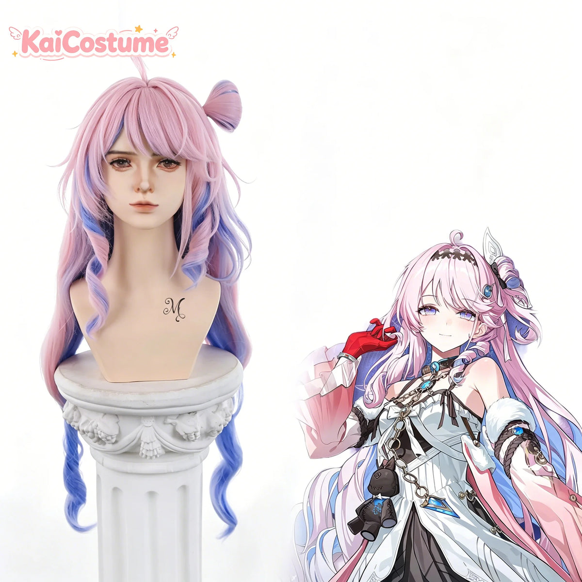 Wuthering Waves Denia Cos Wig Pre-Styled T Part Roman Curly Gradient Pink Blue Cosplay Hair Accessory For Cos Party