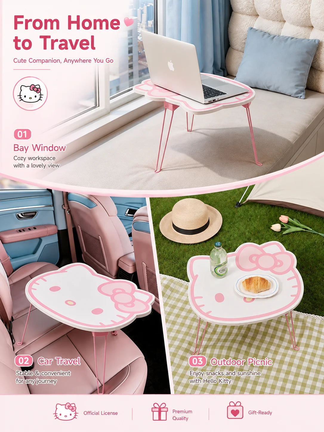 Sanrio Pink Hello Kitty Foldable Table Portable Outdoor Picnic Table Dorm Desk Bedroom Lap Table Car Travel Window Sill Table
