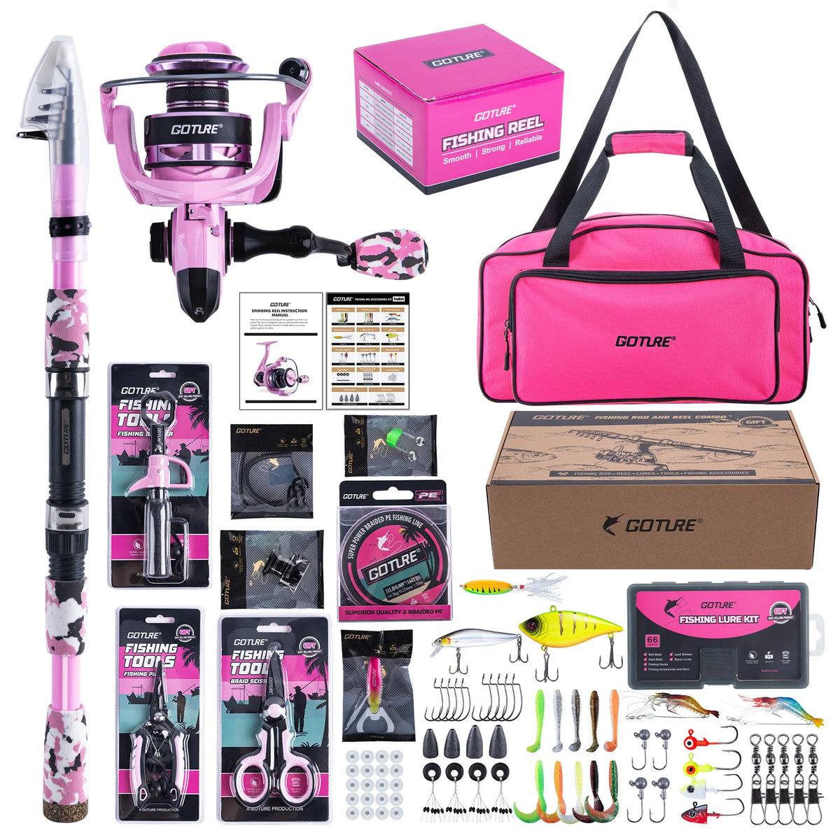 Pink Fishing Rod and Reel Combo, All-in-One Fishing Kit