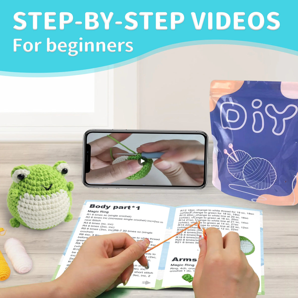 AMAXIN Animal Crochet Kit for Beginners- Frog Easy Learn to Starter Amigurumi Knitting Kit and Yarn Craft