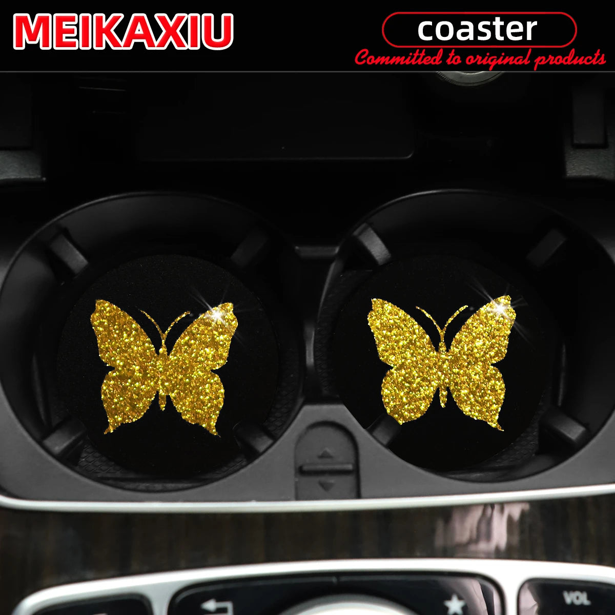 Two Cute Pink Butterflies Glitter Light Car Water Cup Pads for Women with Car Accessories