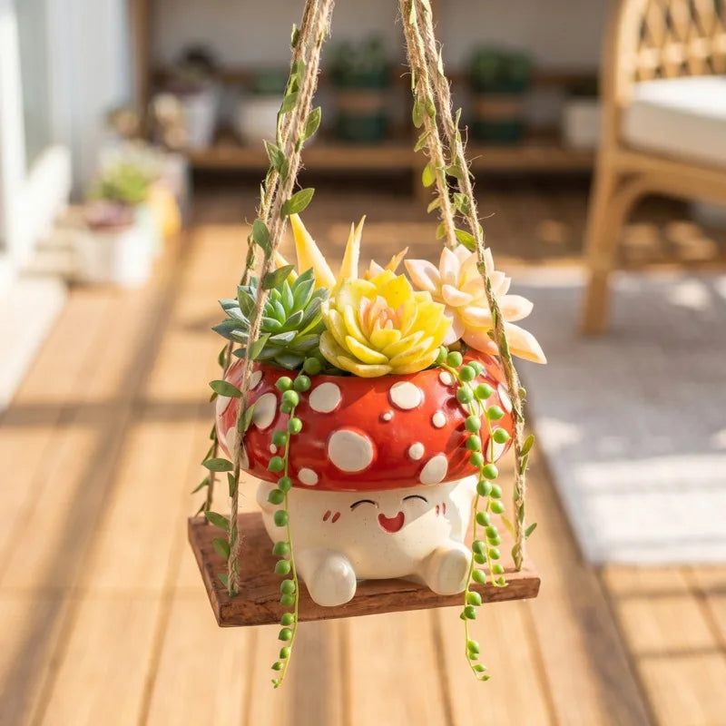 Mushroom Hanging Planter Cute Cartoon Smiling Doll Swing Pot For Outdoor Balcony For Kids Women Gift For Halloween Christmas