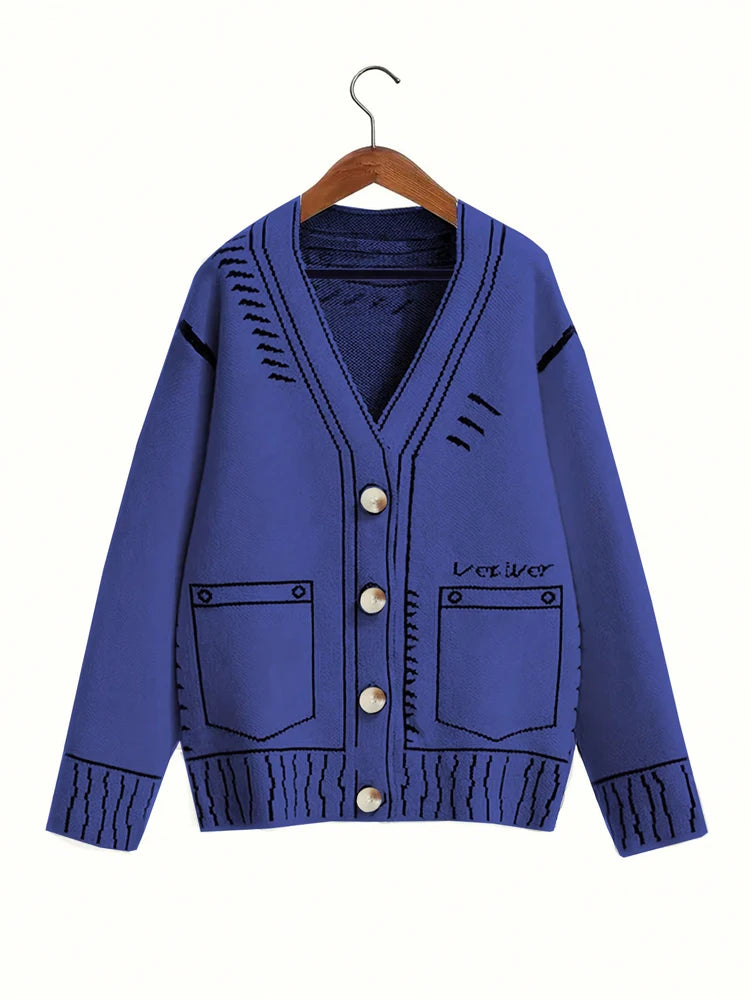 plus Size Women's Button-Up Cardigan Autumn Winter Fine Line Pattern Knit Coat Stylish Outerwear for Fall 2025