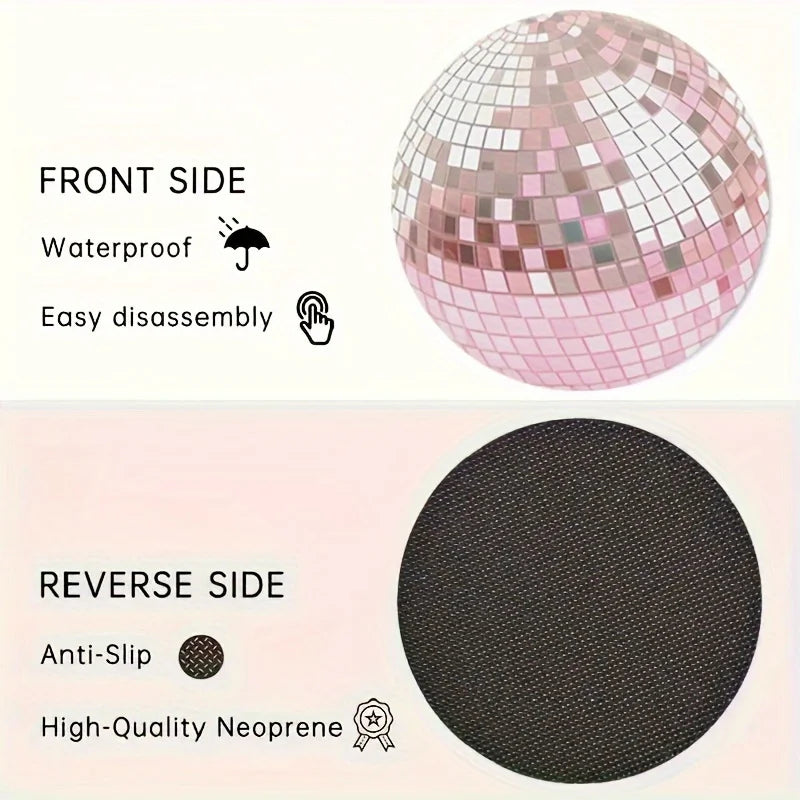 Set Of 2 Pink Disco Ball Coasters With A Simulated Design, Perfect For Car Cup Holders. An Original And Imaginative Present For