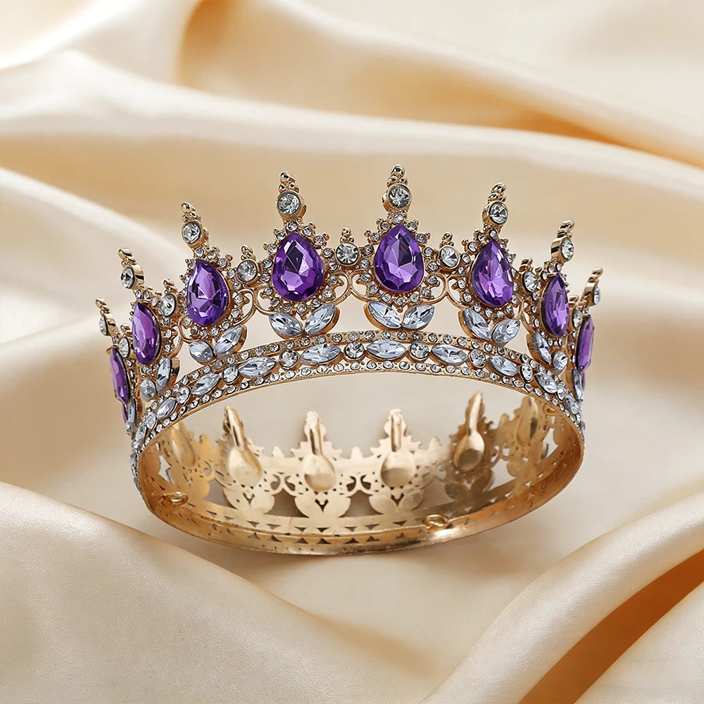 2Pcs Luxury Purple Amethyst Baroque Crown Set Tiara Gold Full Round Crown Clear Rhinestones Regal Bridal Headwear Weddings Proms