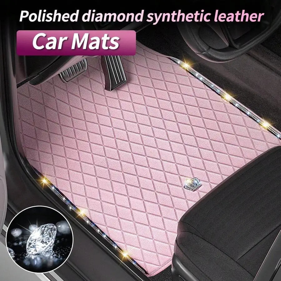 Bling Car Floor Mats, PVC Leather Anti-Slip Automative Floor Mats With Shining Diamond Rhinestone Crown, Sparkly Glitter Crystal Carpet, Universal Fit Automotive SUV, Sedan, Van, 4pcs For Woman, Car Stuff For Woman, Pink Car Stuff