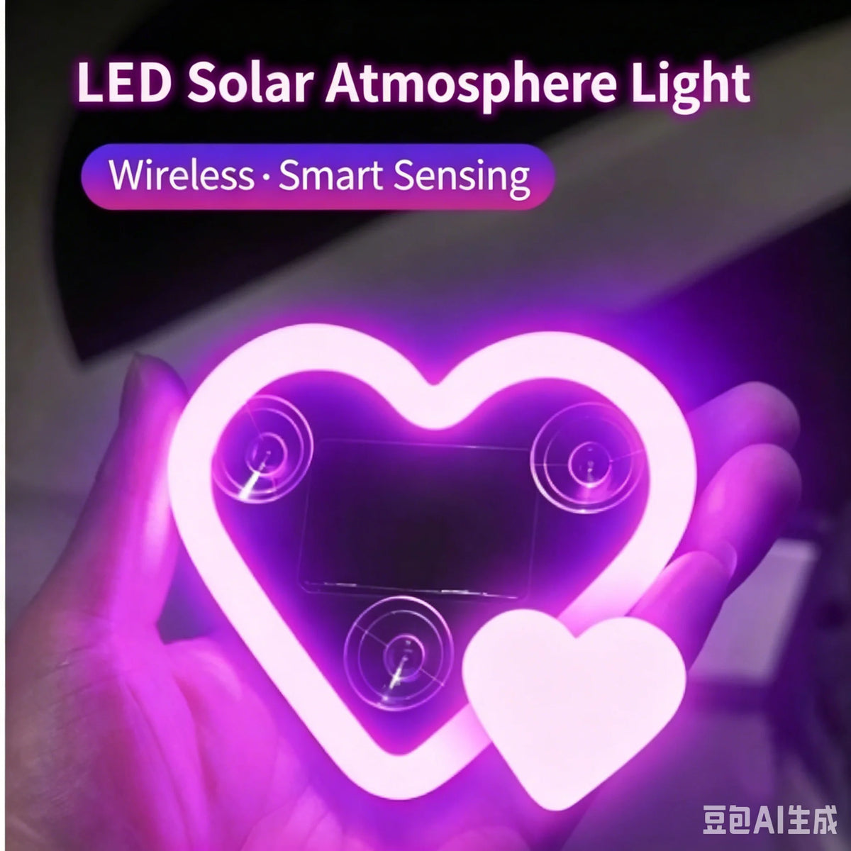 Cute Heart Shaped Neon Light Wireless Solar Powered Car Accessory